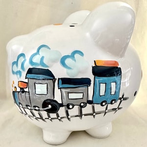 BLUE  Choo- Choo Train Engine Personalized Piggy Bank- Newborn, Baby Boy&#39;s 1st Christmas , Christening, Baptism, Birthday, Baby Shower Gift