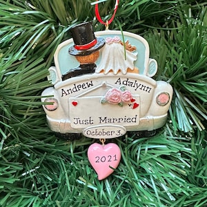 Just Married Wedding Car Bride and Groom Personalized Newlywed Couple's 1st Christmas Ornament-Wedding Gift,Mr.Mrs., Wedding Gift Tux & Gown
