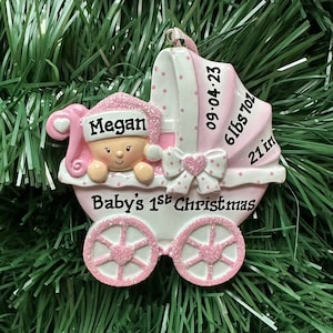 Pink Stroller- Baby Carriage- Baby Girl's First Christmas Personalized Ornament, Birth Announcement - Christening Favor, 1st Christmas Gift