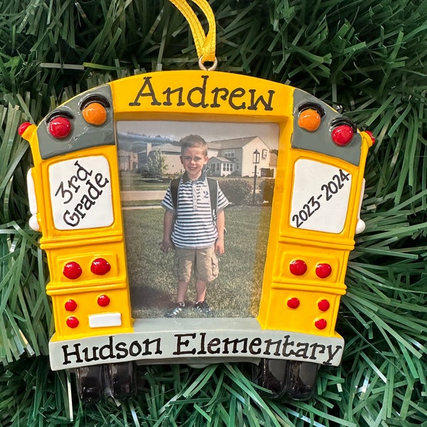 Yellow School Bus Picture Frame School Grades Personalized  Christmas Ornament-PreK Kindergarten Grade School Middle School - Class Gift