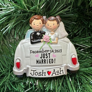 Just Married Wedding Car Bride and Groom Brunette couple Personalized Newlywed Couple's 1st Christmas Ornament-Wedding Gift,Mr.Mrs.Tux Gown