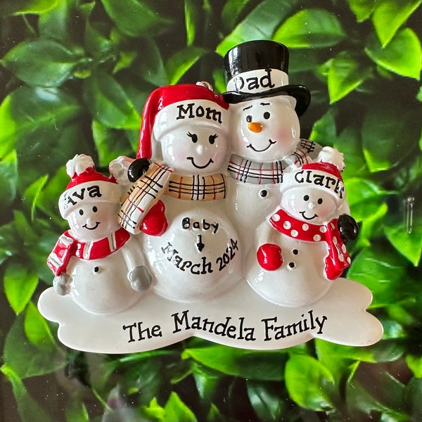 4 Pregnant family Personalized Christmas Ornament Pregnant Snowman Couple with Two Children Expecting Family, Pregnancy announcement