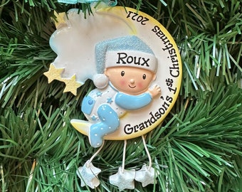 Baby Boy on the Moon Baby Boy's First Christmas Personalized Ornament - Grandchild, Grandkid, Grandson, Godson,Birth Announcement