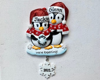 Pregnant Penguins Personalized Christmas Ornament  with cat or dog option Expecting parents,Mom to Be,Dad to Be, Pregnancy Announcement