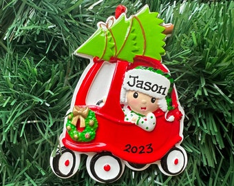 Red Toy Car with Toddler - Personalized  Christmas Ornament- Baby Boy , Grandson's 1st Christmas-Car Lover