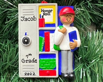 Boys Teen School Locker-First Day of School- African American-Brown Boy -Personalized Christmas Ornament- Middle School- High School