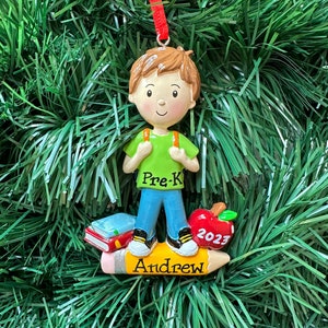 First Day of School- Brunette Boy -Personalized Christmas Ornament- PreK-Kindergarten- 1st Grade- 2nd Grade- Back to School