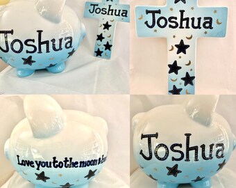 Personalized Large Blue Ombre Stars Piggy Bank- Love you to the Moon and back Newborn, Baby Boy's 1st Christmas ,Christening, Birthday, Gift