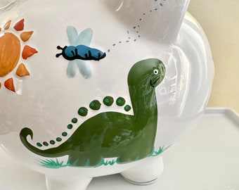 Personalized Hand Painted Large Dinosaur Piggy Bank- Baby Boy 1st Birthday, Ring Bearer , Nursery decor, Baptism, Christening Gift