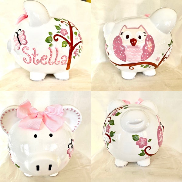 Personalized Large Piggy Bank Cherry Blossom Owl Baby Girl's 1st Christmas -Newborn,Baby Shower, Christening, Birthday, Flower Girl Gift