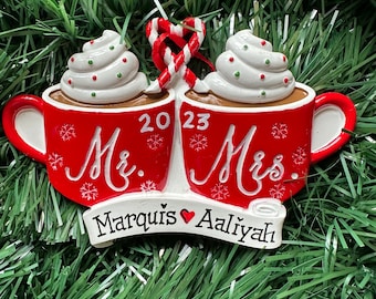 Red Hot Cocoa couple-Mr.& Mrs. Wedding Personalized Newlyweds 1st Christmas Ornament-Wedding Gift ,Just Married Couple, Favors