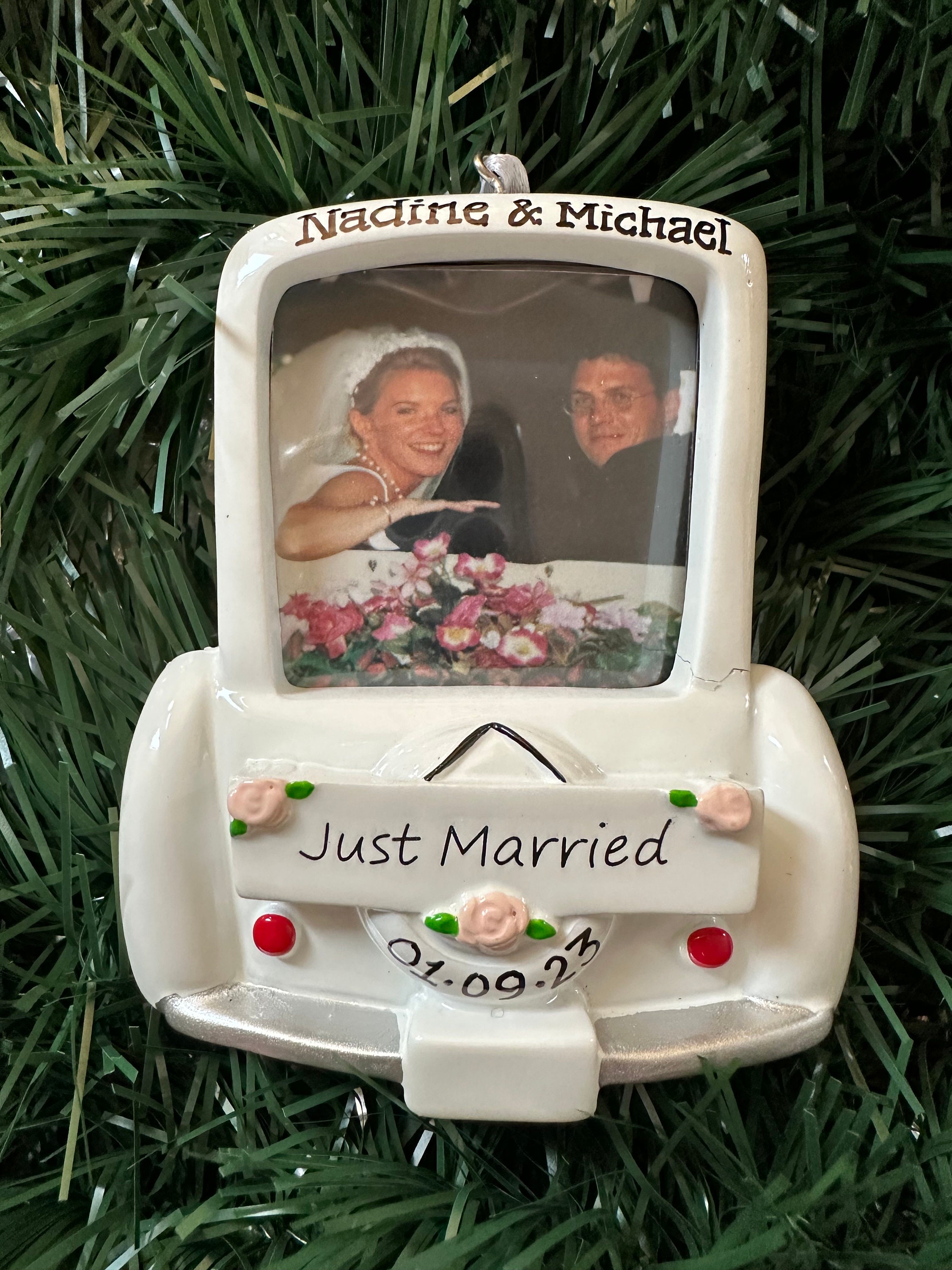 Just Married Wedding Car Picture Frame  Bride and Groom Personalized Newlywed Couple&#39;s 1st Christmas Ornament-Wedding Gift,Mr.Mrs.,Favor