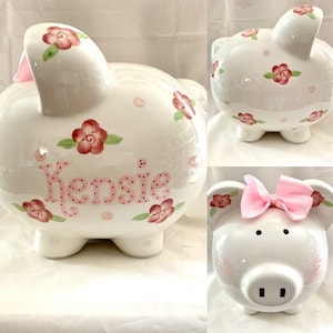 Salvadanaio personalizzato con fiori rosa - Neonata, Baby Shower, 1° compleanno, Comunione, Battesimo, Regalo per il 1° compleanno