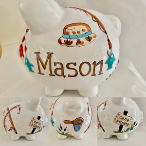 Cofrinho grande personalizado para pescar, vara de pescar, acampamento - recém-nascido, batizado de menino, aniversário, porta-alianças, presente de chá de bebê