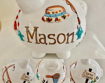 Personalized Large Piggy Bank Gone Fishing, Fishing Rod, Camping - Newborn, Baby Boy Christening, Birthday, Ring Bearer,Baby Shower Gift