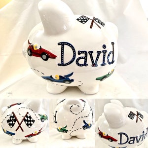 Personalized Large Piggy Bank Race Cars , Big Boys-Baby&#39;s 1st Christmas Newborn, Baby Boy Christening, Birthday, Baby Shower Gift