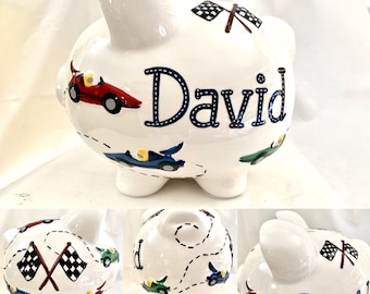 Personalized Large Piggy Bank Race Cars , Big Boys-Baby&#39;s 1st Christmas Newborn, Baby Boy Christening, Birthday, Baby Shower Gift