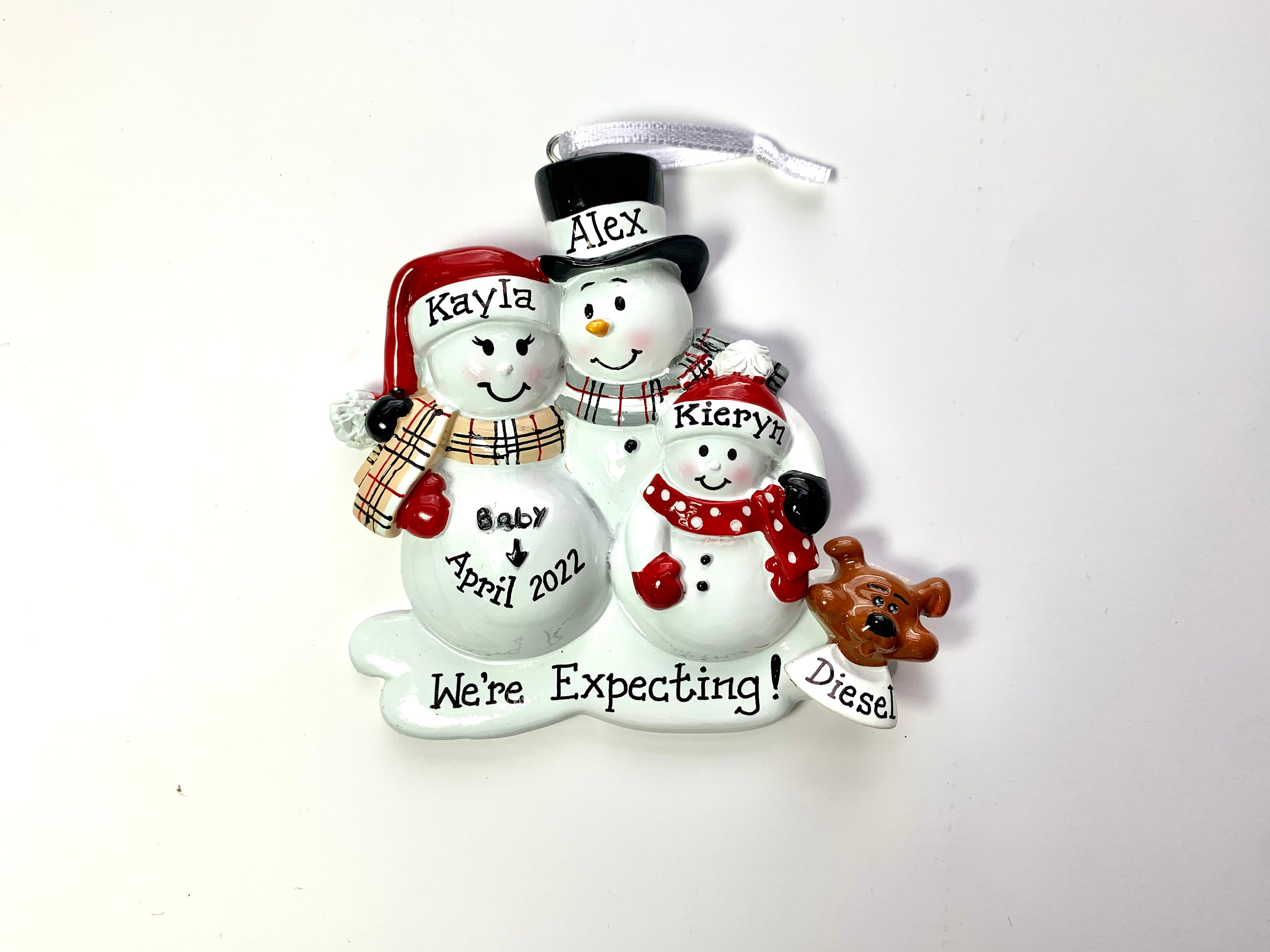 Personalized Christmas Ornament Pregnant Snowman Couple with One Child and dog or cat - Expecting Family, Baby makes us four