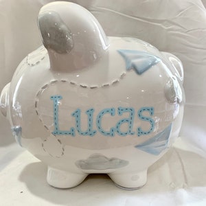 Salvadanaio personalizzato con aeroplani di carta, grande, dipinto a mano - Decorazione per la cameretta del neonato - Regalo per il 1° compleanno, battesimo, battesimo, paggetto