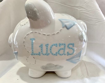 Paper AirPlanes Personalized Large Hand Painted Piggy Bank- Baby Boy Nursery decor- 1st Birthday ,Baptism, Christening, Ring Bearer Gift