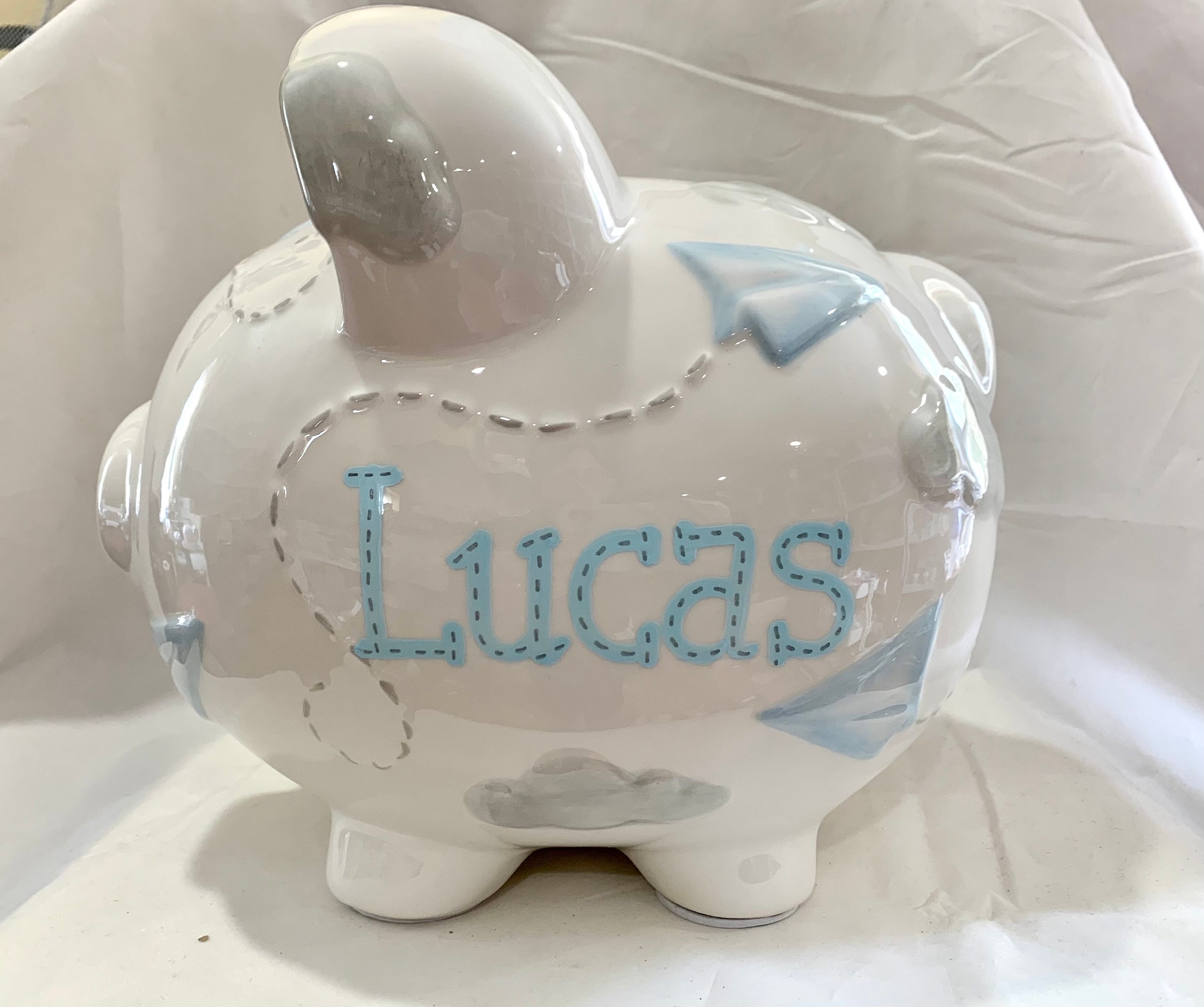 Paper AirPlanes Personalized Large Hand Painted Piggy Bank- Baby Boy Nursery decor- 1st Birthday ,Baptism, Christening, Ring Bearer Gift
