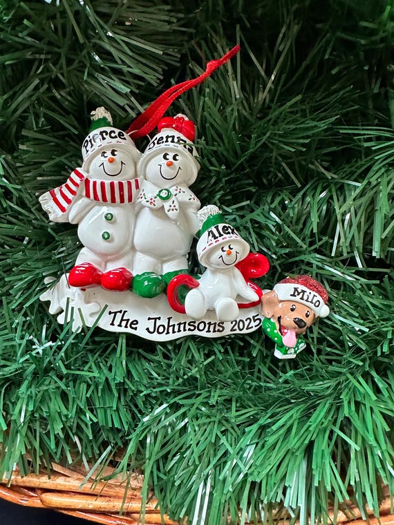 3 Snowman Family-Proud New Parents -Personalized Christmas Ornament - Birth Announcement -New Family, Baby's 1st Christmas- Optional Pet