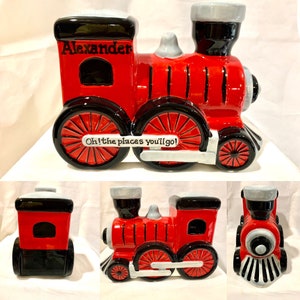 Red Choo- Choo Train Engine Personalized Piggy Bank- Newborn, Baby Boy&#39;s 1st Christmas , Christening, Baptism, Birthday, Baby Shower Gift