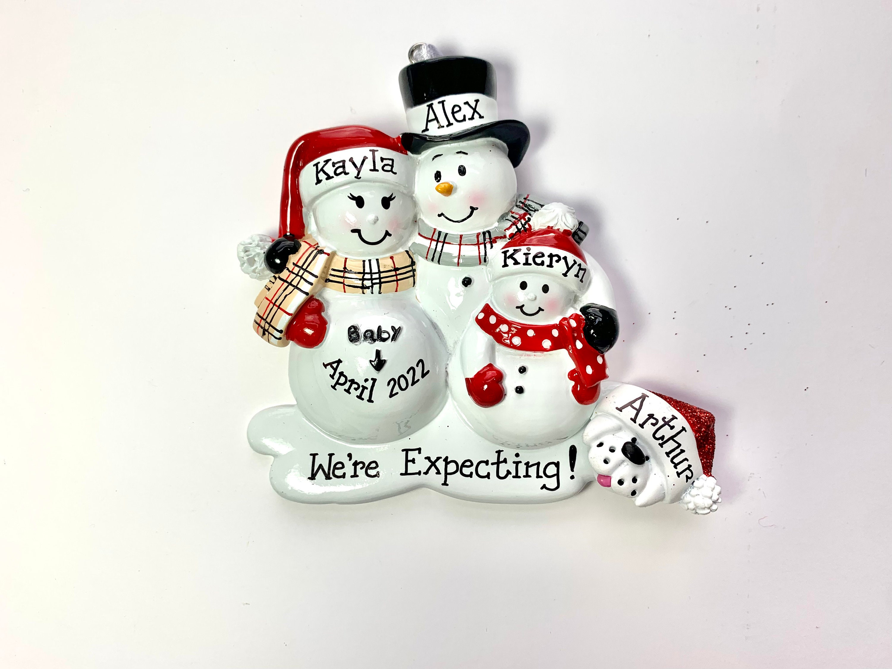 Personalized Christmas Ornament Pregnant Snowman Couple with One Child and dog or cat - Expecting Family, Baby makes us four