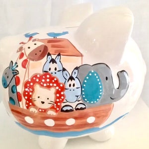 Noah&#39;s Ark Religious Baptism Christening  Personalized Large , Newborn Painted Piggy Bank Baby Boy, Baby Girl Nursery decor,Christening Gift