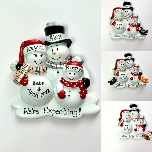 Personalized Christmas Ornament Pregnant Snowman Couple with One Child and dog or cat - Expecting Family, Baby makes us four