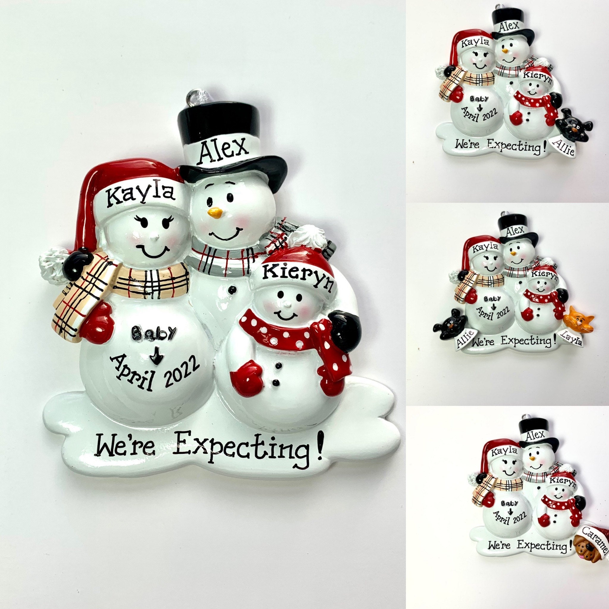 Personalized Christmas Ornament Pregnant Snowman Couple with One Child and dog or cat - Expecting Family, Baby makes us four