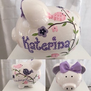 Cofrinho grande personalizado com pássaros em formato de flor de cerejeira para o primeiro Natal da menina - recém-nascido, chá de bebê, batizado, aniversário, presente para florista