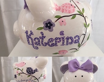Personalized Large Piggy Bank Cherry Blossom Birds Baby Girl's 1st Christmas -Newborn,Baby Shower, Christening, Birthday, Flower Girl Gift