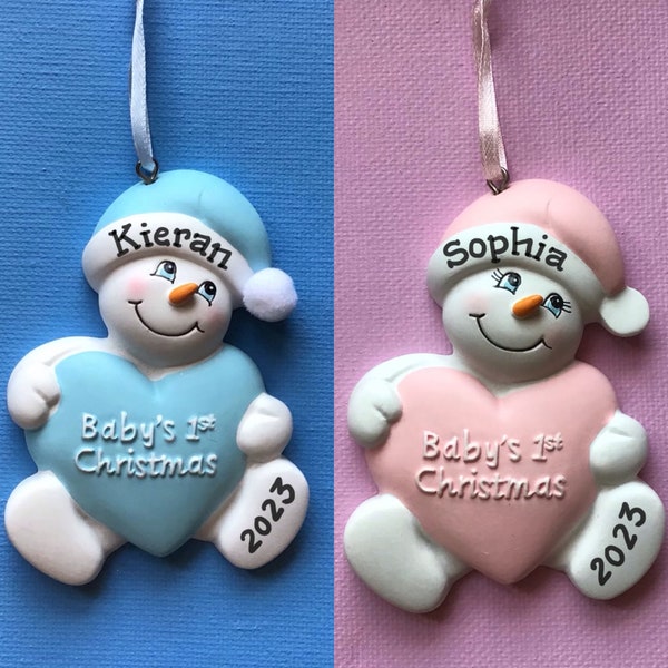 Pink Blue Snowman Snow Baby Holding Heart Girl Boy First Christmas Personalized Ornament,  - Granddaughter, Goddaughter, Grandchild, Twins