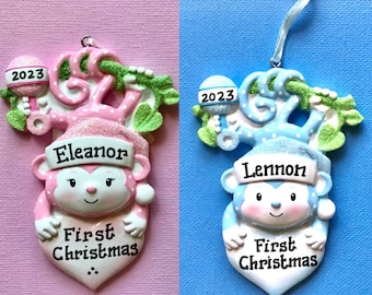 Monkey Baby Pink Blue Boy or Girl's First Christmas Personalized Ornament-Goddaughter, Grandchild, Godson- 2nd Christmas Safari Animal Gift