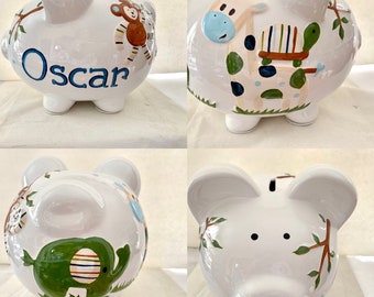 Personalized Safari Large Piggy Bank Turtle, Giraffe, Elephant, Monkey, Jungle -Baby Boy Nursery decor- 1st Birthday, Baptism,Christmas Gift