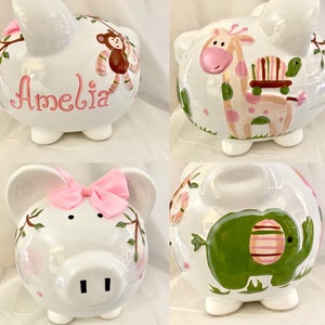 Personalized Safari Large Piggy Bank Turtle, Giraffe, Elephant, Monkey, Jungle -Baby Girl Nursery decor-1st Birthday, Baptism,Christmas Gift