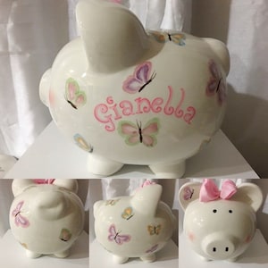 Personalisiertes handgemaltes Schmetterlings-großes Sparschwein -Baby-Mädchen-Kinderzimmerdekor-1. Geburtstag Taufe, Blumenmädchen, Weihnachten, Kommuniongeschenk