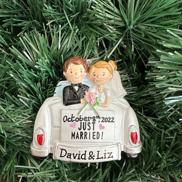 Just Married Wedding Car Bride and Groom Personalized Newlywed Couple's 1st Christmas Ornament-Wedding Gift,Mr.Mrs., Wedding Gift Tux & Gown