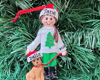 Girl with her Dog Pal -2 BFFs -Best Friends Forever-My first Puppy- Girl walking dog-Personalized Christmas Ornament