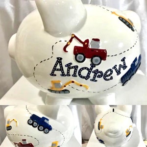 Cofrinho de veículos de construção personalizado para meninos, retroescavadeira, caminhões basculantes - recém-nascido, batizado de menino, aniversário, presente de chá de bebê