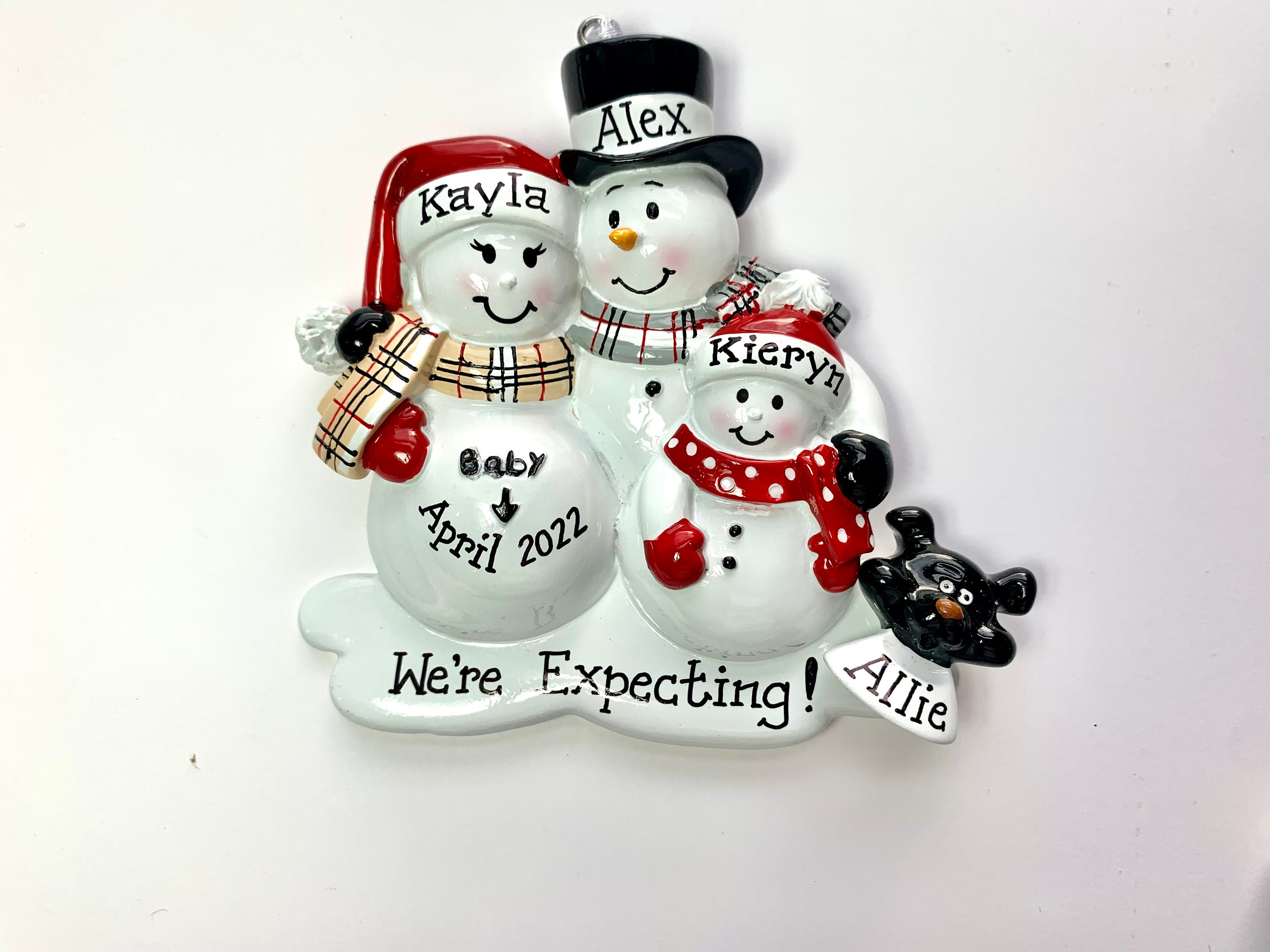 Personalized Christmas Ornament Pregnant Snowman Couple with One Child and dog or cat - Expecting Family, Baby makes us four