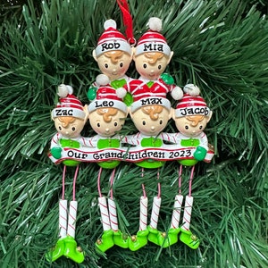 6 Santa&#39;s Elves-Family of Six Personalized Christmas Ornament- Grandkids- Six Friends- Grandchildren- Preschool Class gift