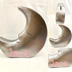 Personalized  Silver Moon Luna, Love you to the Moon and Back Piggy Bank-Newborn Baby Girl, Baby Shower, Christening, Baptism, Birthday