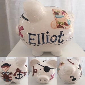 Personalized Large Pirate, Treasure Chest,Pirate Ship Piggy Bank- Newborn, Baby Boy Christening, Birthday, Ring Bearer,Baby Shower Gift
