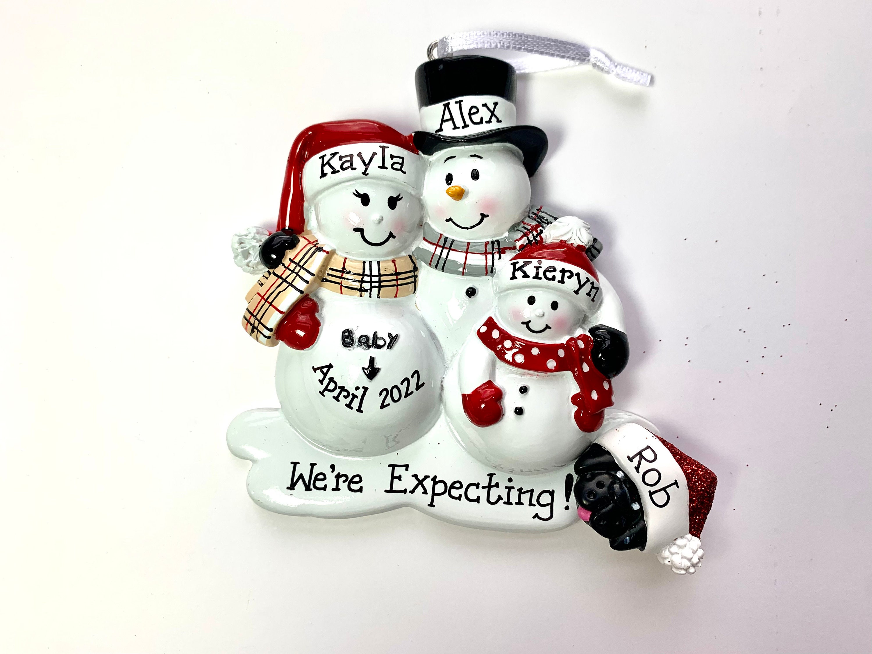 Personalized Christmas Ornament Pregnant Snowman Couple with One Child and dog or cat - Expecting Family, Baby makes us four