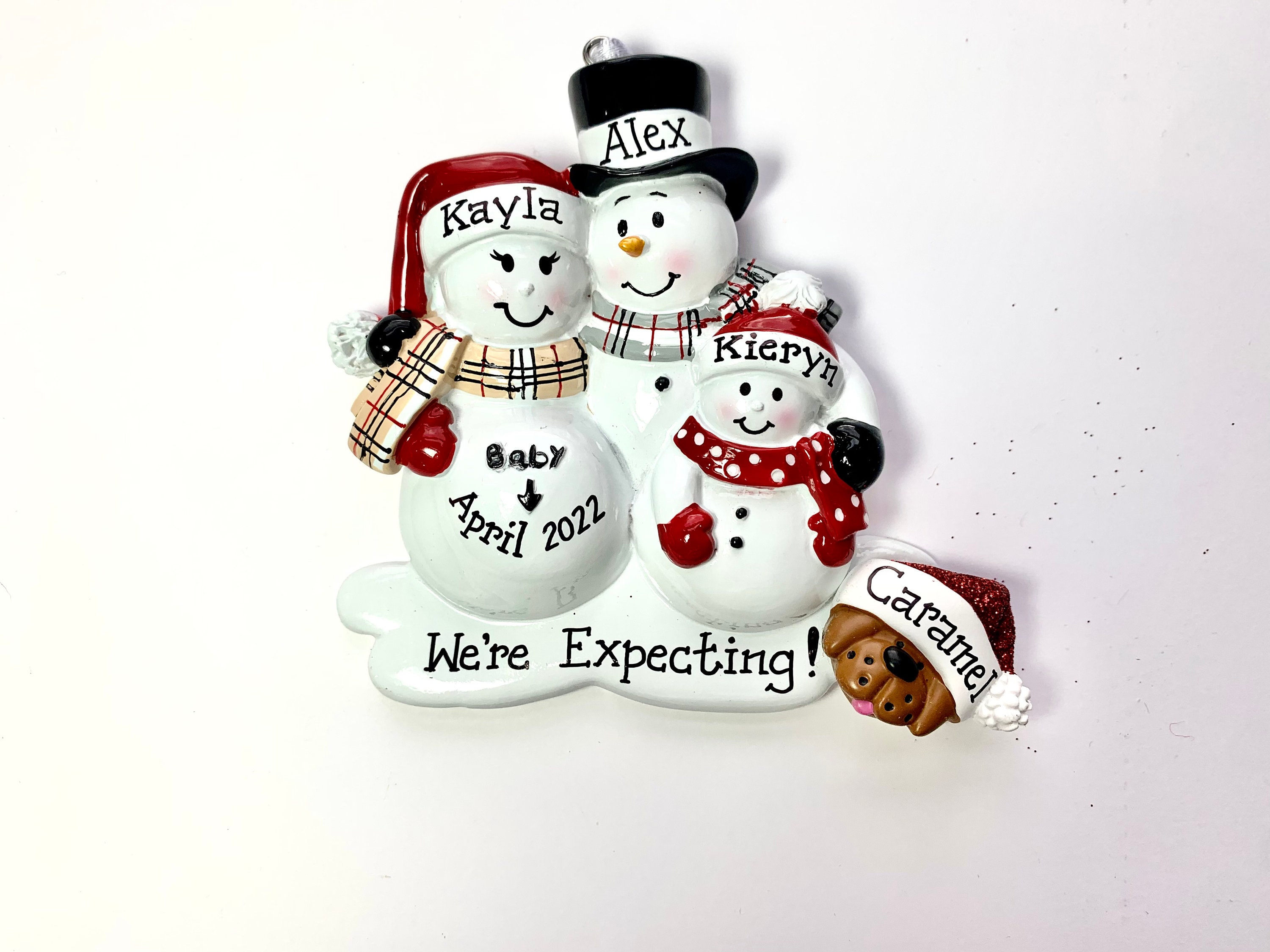Personalized Christmas Ornament Pregnant Snowman Couple with One Child and dog or cat - Expecting Family, Baby makes us four