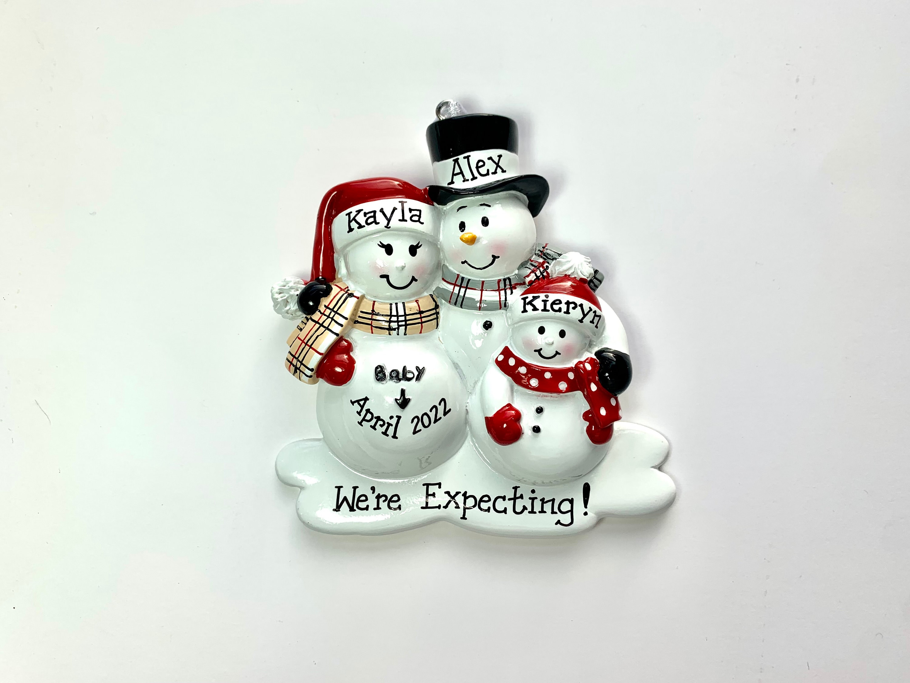 Personalized Christmas Ornament Pregnant Snowman Couple with One Child and dog or cat - Expecting Family, Baby makes us four