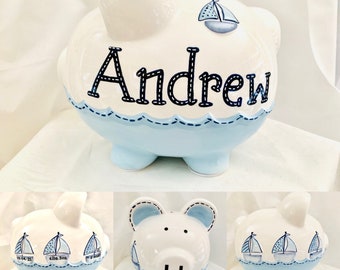 Nautical Sailboat Personalized Large Hand Painted Piggy Bank- Baby Boy Nursery decor- 1st Birthday Gift