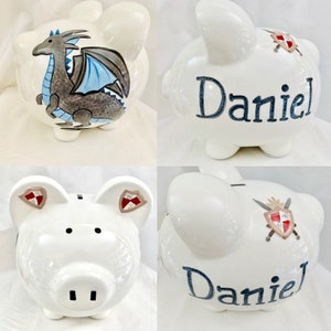 Personalized Large Hand Painted  Dragon Piggy Bank Baby Boy Nursery decor,Christening, Ring Bearer, Christmas Gift